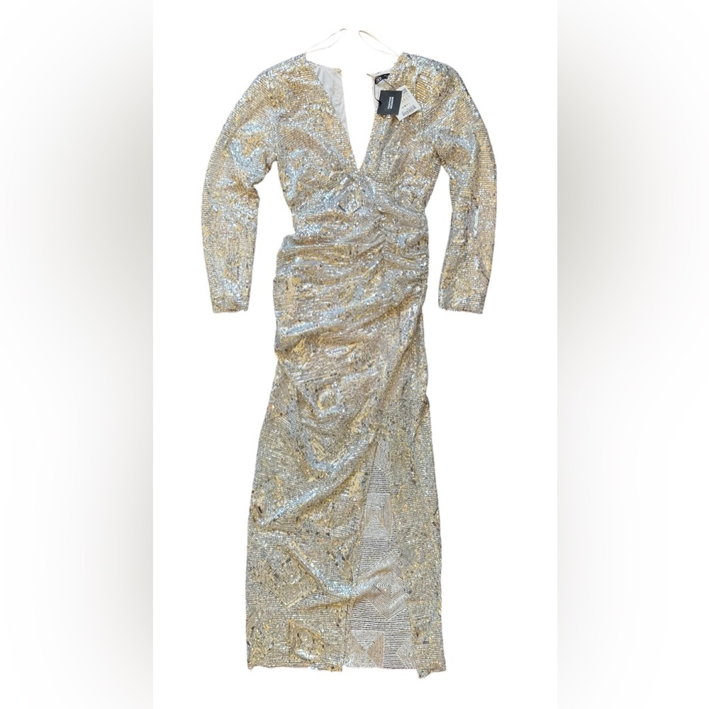 Zara Elegant silver Sequin Evening Gown - long sleeve, v-neck size small NWT